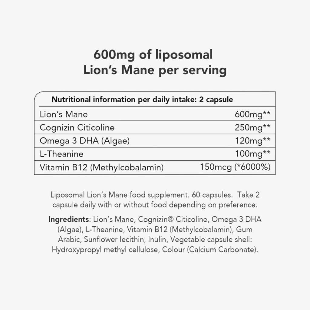 Liposomal Lions Mane Mushroom 600mg Capsules - 30 Day Supply - Image 3