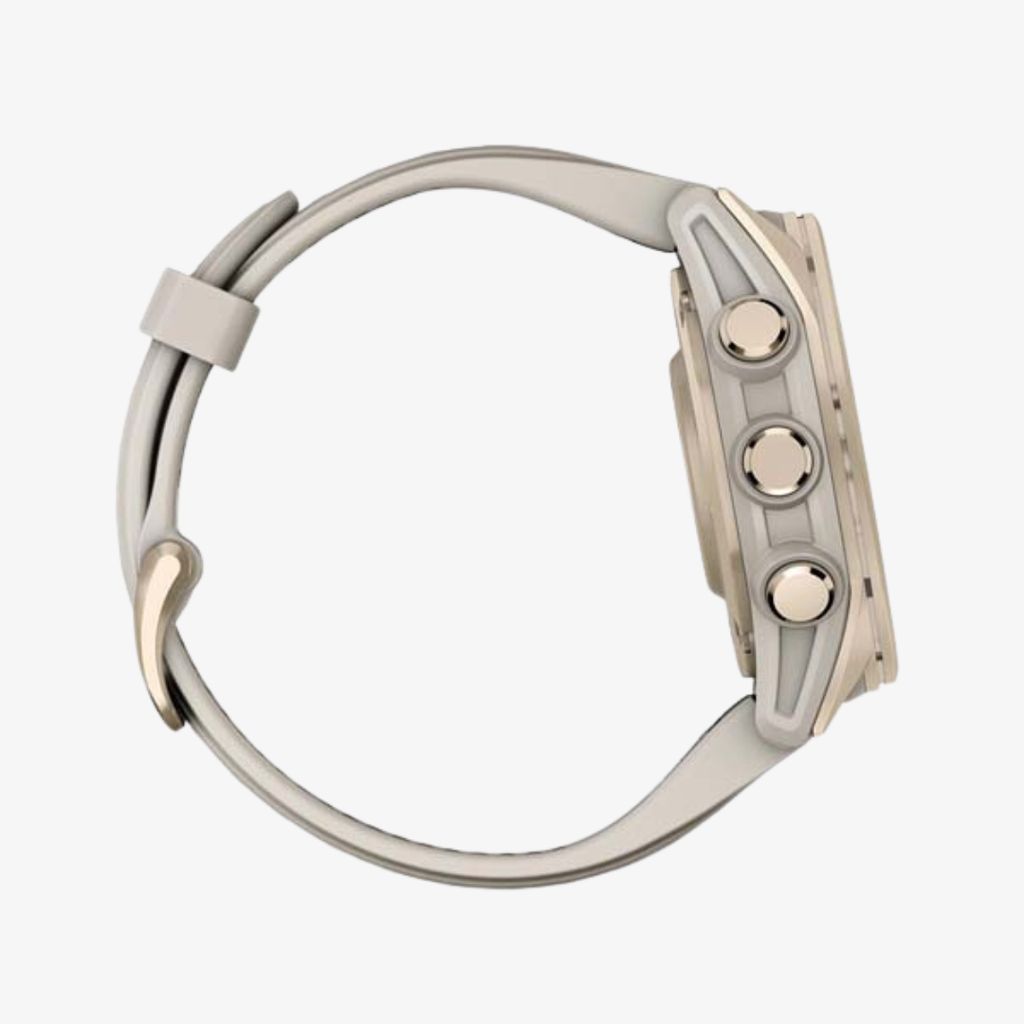 fēnix® 8 – 43 mm AMOLED-Display, Saphirblau, Softgold mit Silikonarmband in Nebelgrau/Dunkelsandstein - Image 4
