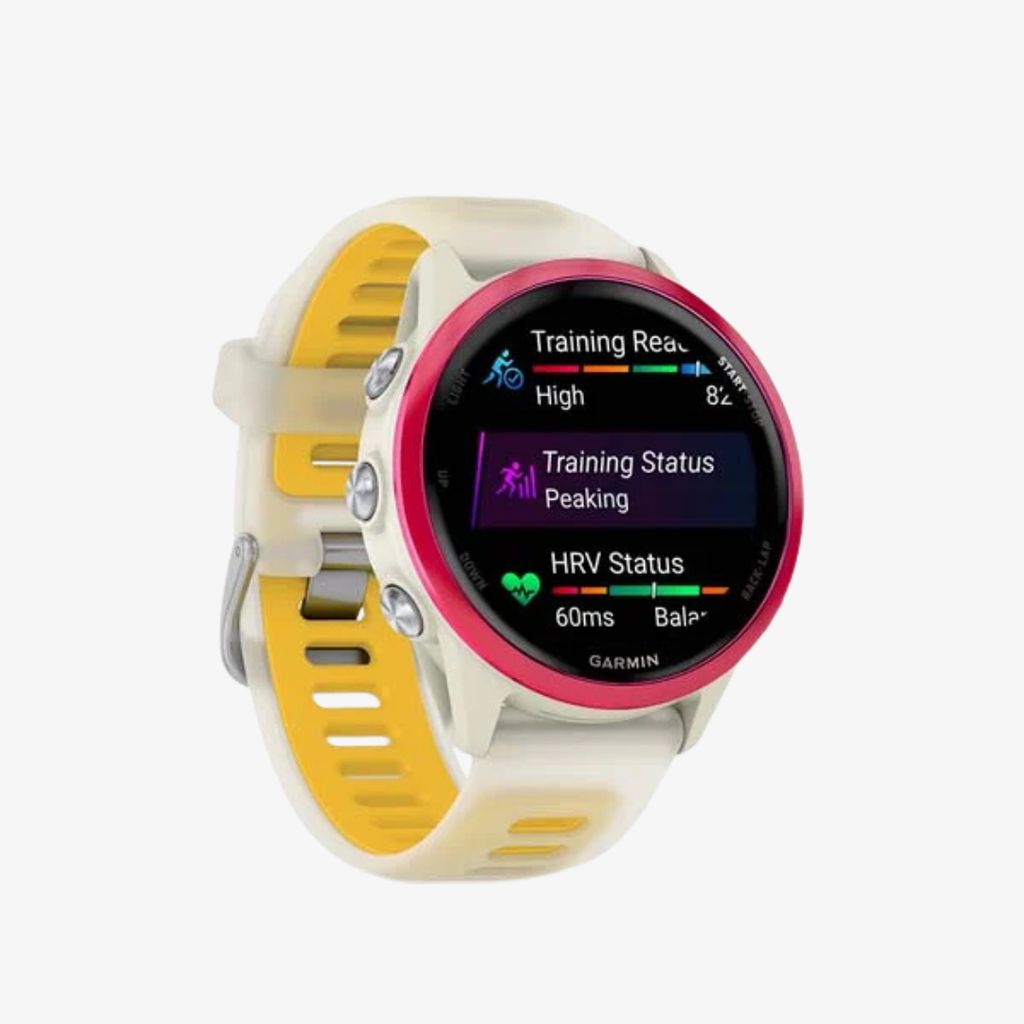 Forerunner® 570 - 42mm - Raspberry Aluminium with Translucent Bone/Mango Band - Image 3