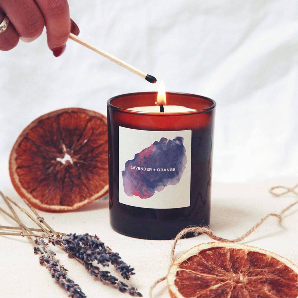 Amber glass candle: lavender + orange - Image 1